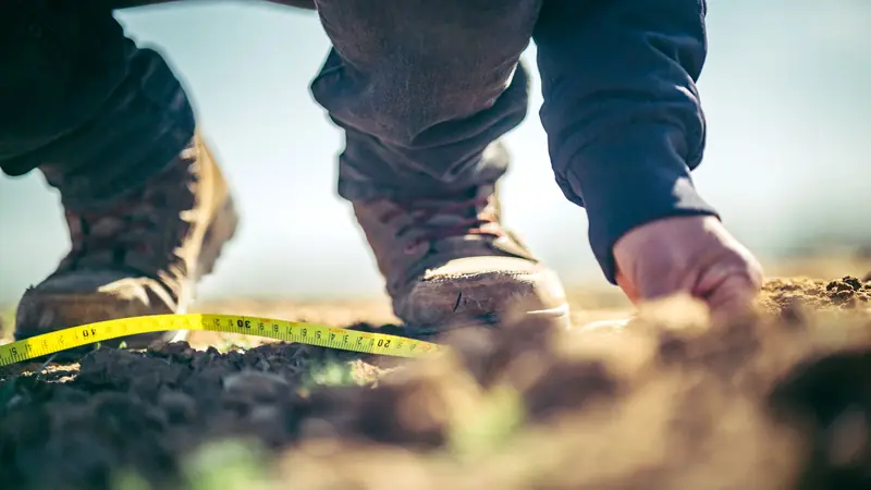 Botines de trabajo en terreno de obra mientras una persona mide el suelo con una wincha