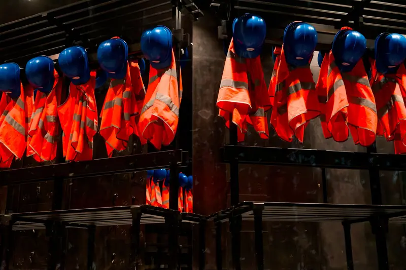 Fila de chalecos reflectivos naranjas colgados junto a cascos azules en un vestuario industrial.