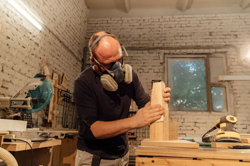 Carpintero con respirador de media cara con filtros lijando una pieza de madera en su taller