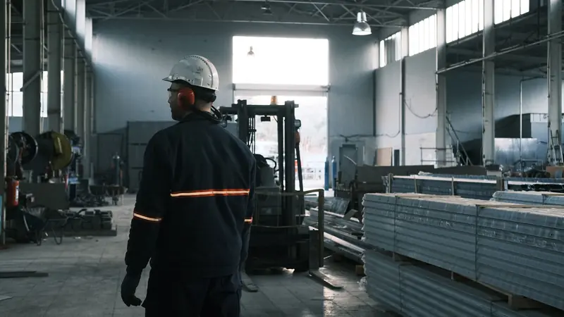 Trabajador de espaldas con casco, orejeras, guantes y uniforme reflectivo recorriendo una nave industrial