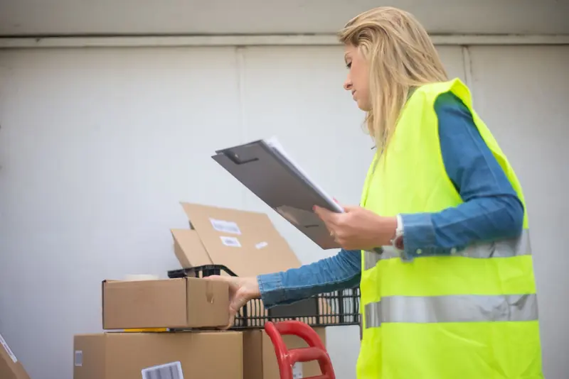 Encargada con chaleco reflectivo revisando con una tablilla las cajas de un pedido en el almacén