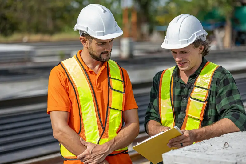 Supervisor y trabajador con cascos blancos y chalecos reflectivos revisando una lista en una tablilla