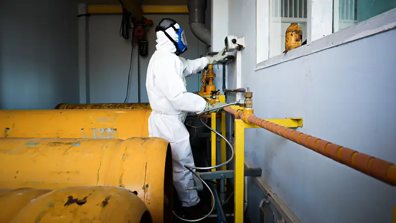 Trabajador con traje descartable blanco, guantes y respirador de cara completa manipulando válvulas de gas industrial