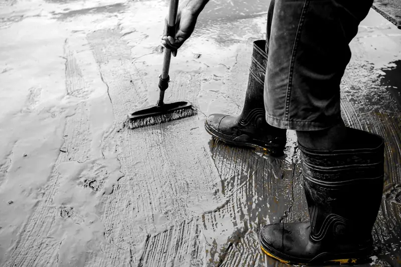 Trabajador con botas de jebe negras limpiando un piso de concreto mojado, en blanco y negro con la suela amarilla de la bota en color