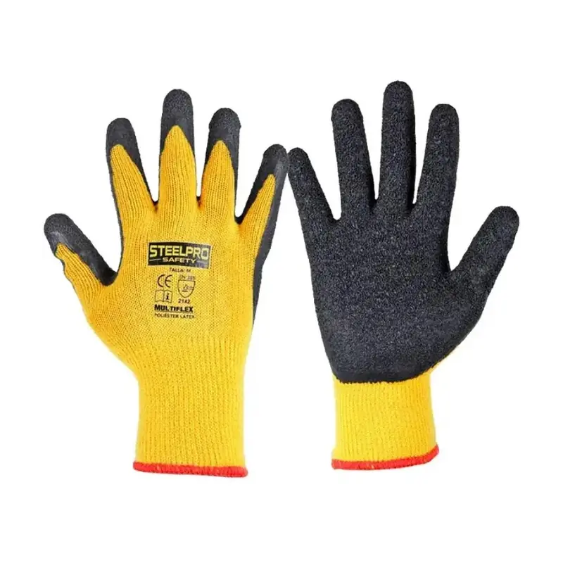Guantes anticorte amarillos con la palma recubierta de látex negro.