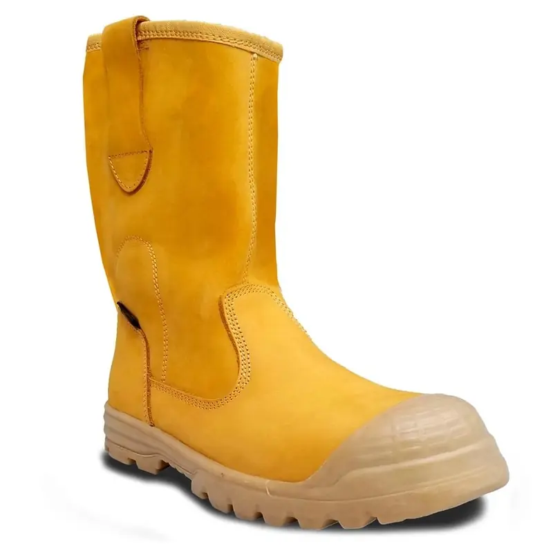 Bota de seguridad de cuero nobuk amarillo sin pasadores, con puntera reforzada y suela de caucho.