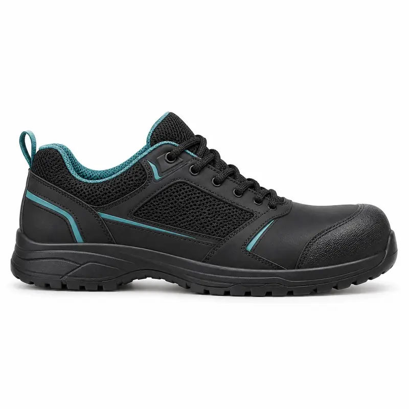 Zapato de seguridad de horma femenina negro con detalles turquesa.