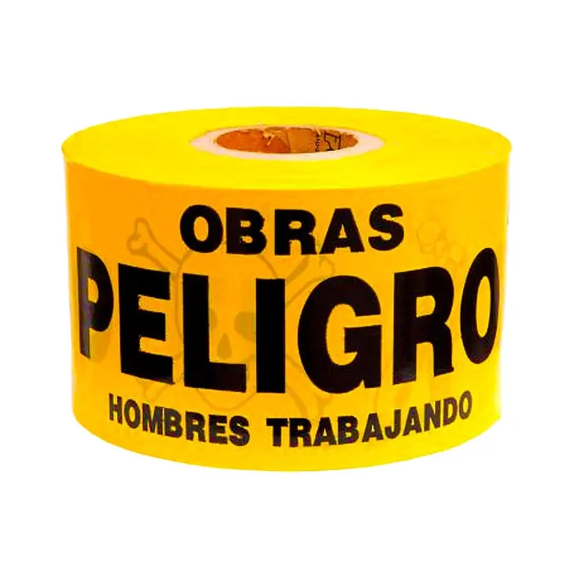 Rollo de cinta de peligro amarilla con la leyenda «Obras – Peligro – Hombres trabajando» en letras negras.