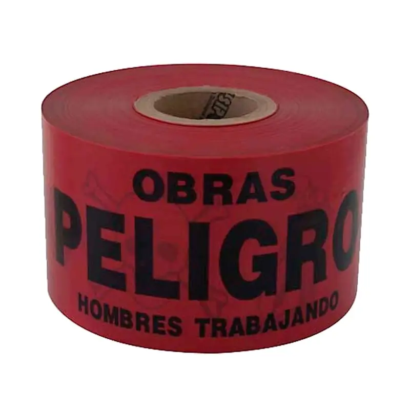 Rollo de cinta de peligro roja con la leyenda «Obras – Peligro – Hombres trabajando» en letras negras.