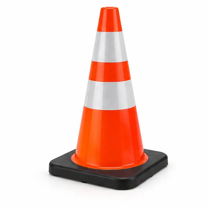 Cono de seguridad naranja con dos bandas reflectivas blancas y base negra.