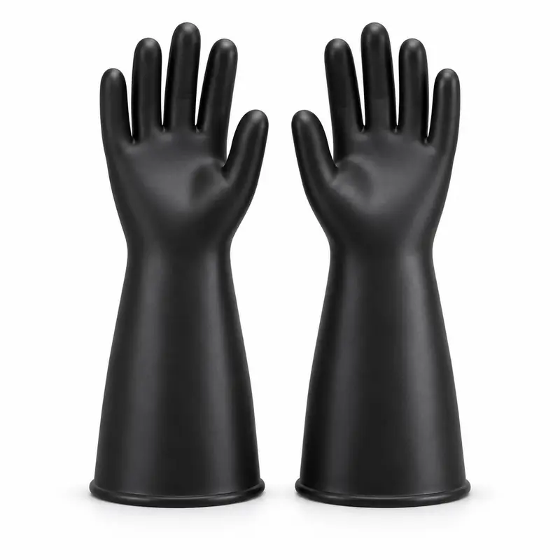 Par de guantes dieléctricos de caucho negro de puño largo.