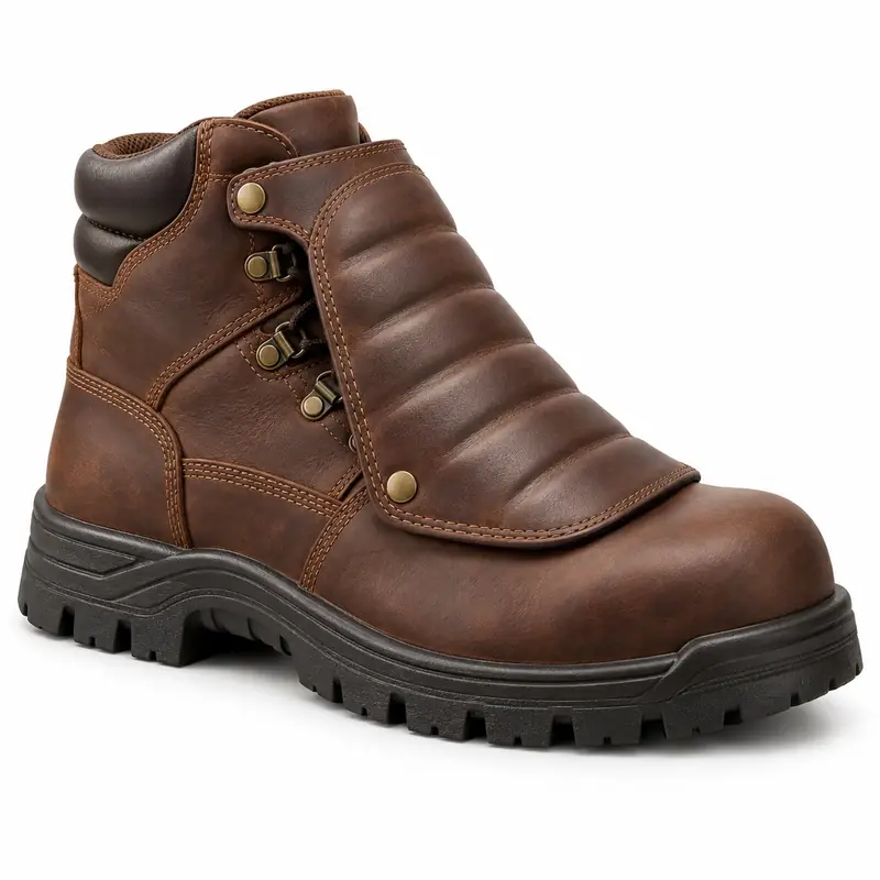 Bota de seguridad de cuero marrón con protector metatarsal sobre el empeine.