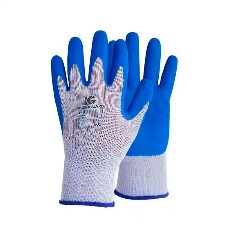 Guantes de tejido blanco con la palma recubierta de nitrilo azul.