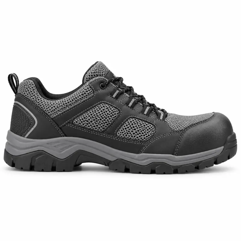 Zapato de seguridad deportivo gris y negro con paneles de malla.
