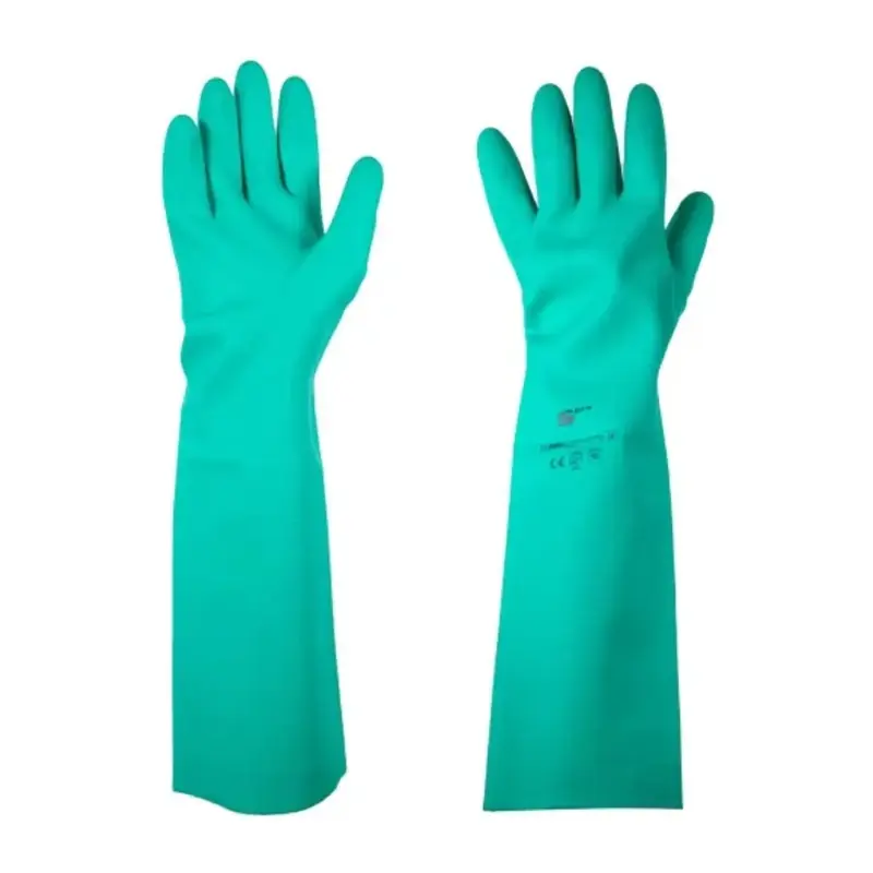 Guantes de nitrilo verdes de puño largo para químicos.
