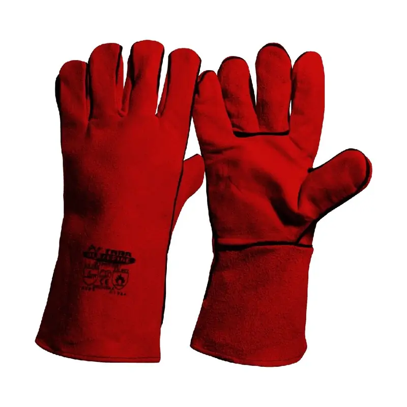 Guantes de soldador de cuero rojo con manga larga.
