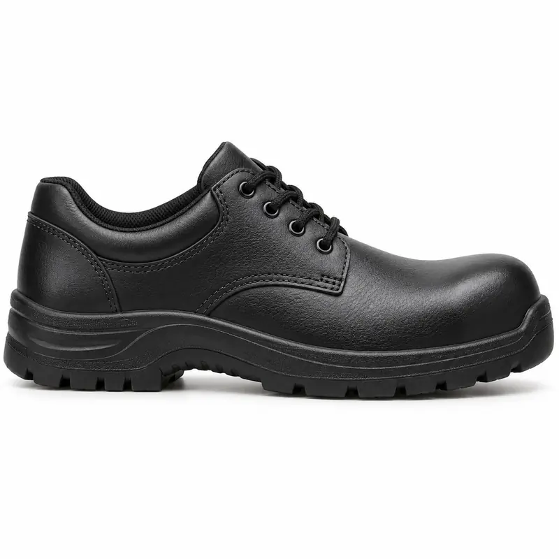 Zapato de seguridad de cuero negro de caña baja con pasadores.
